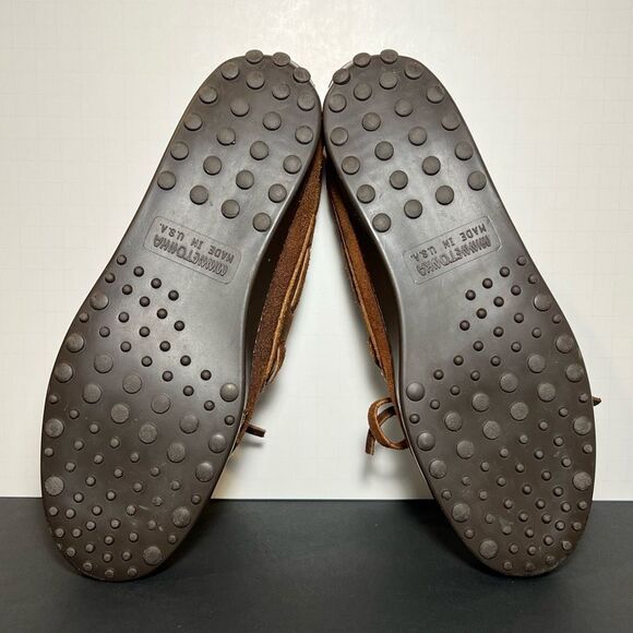 Mens MINNETONKA Classic Brown Made in USA Leather Slip On Moccasins / Size 8 - Picture 7 of 8